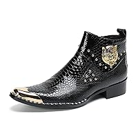 Men's Handmade Leather Metal Square-Toe Zipper Snake Print Ankle Dress Chelsea Boots Fashion Casual Party