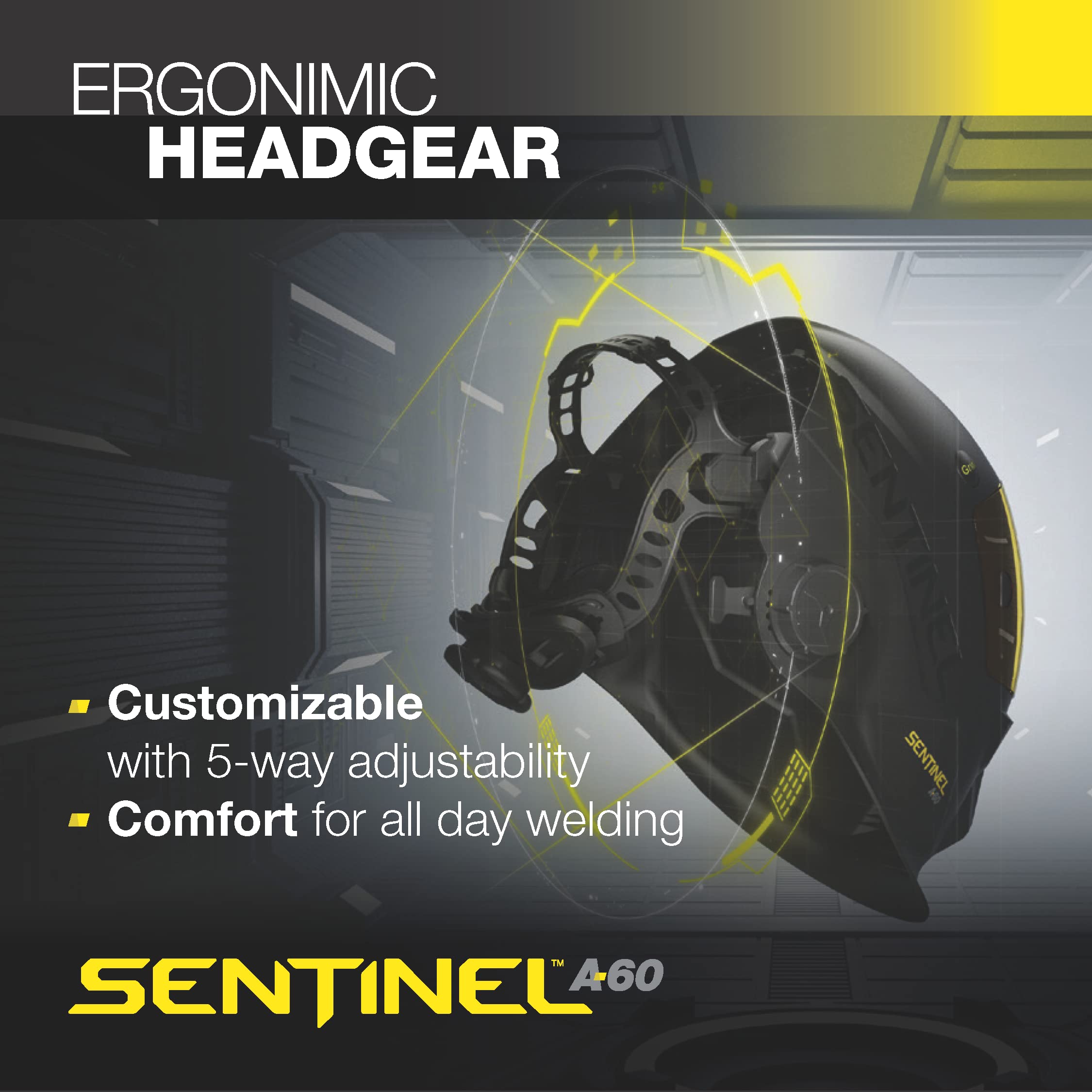 ESAB® Sentinel™ A60 Welding Helmet, Black Low-Profile Design, High Impact Resistance Nylon, Large Viewing Area 4.65 in x 2.80 in