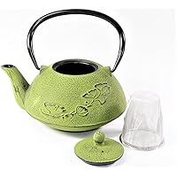 Japanese Antique 24 fl oz Green Ginkgo Leaf Cast Iron Teapot Tetsubin with Infuser