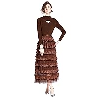 LAI MENG FIVE CATS Women's Retro Fall Two-Piece Elastic top Long Sleeve A-line Midi Skirt Dress Set