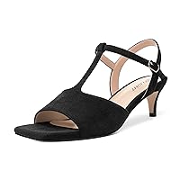 Womens Buckle Solid Party Square Toe Cute Suede T Strap Kitten Low Heel Sandals 2 Inch
