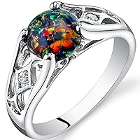 PEORA Created Black Fire Opal Ring for Women 925 Sterling Silver, Venetian Vintage Design, 1 Carat Round Shape 7mm, Sizes 5 to 9