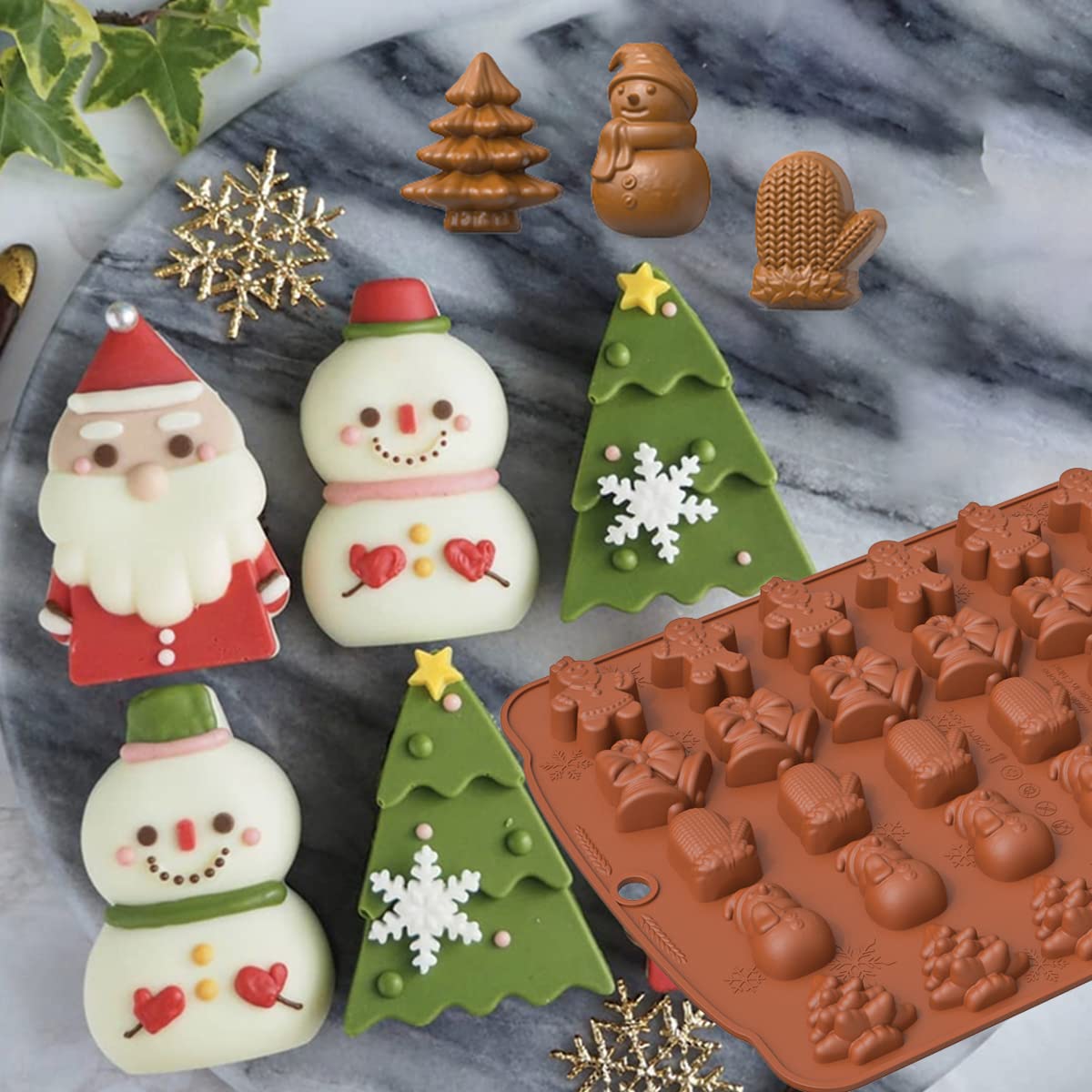 Christmas Candy Silicone 3D Mould,gingerbread man, bells, gloves, snowman, christmas tree 30 Cavity candy mold, for Christmas Party, Ice Cubes, Chocolate, Jelly, Candy.(2-pack of molds + 1 droppers)