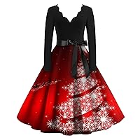 Christmas Dress for Women 1950S Vintage Snowflake Printed Long Sleeve V Neck Xmas Evening Prom Dresses with Belt