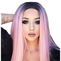 Andongnywell Pink Short Bob Hair Wigs Human Hair Lace Front Straight Wig Soft and Natural Synthetic Wigs