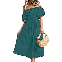 MEROKEETY Women's Puff Sleeve Off Shoulder Summer Midi Dress Ruffle A Line Flowy Dress with Pockets