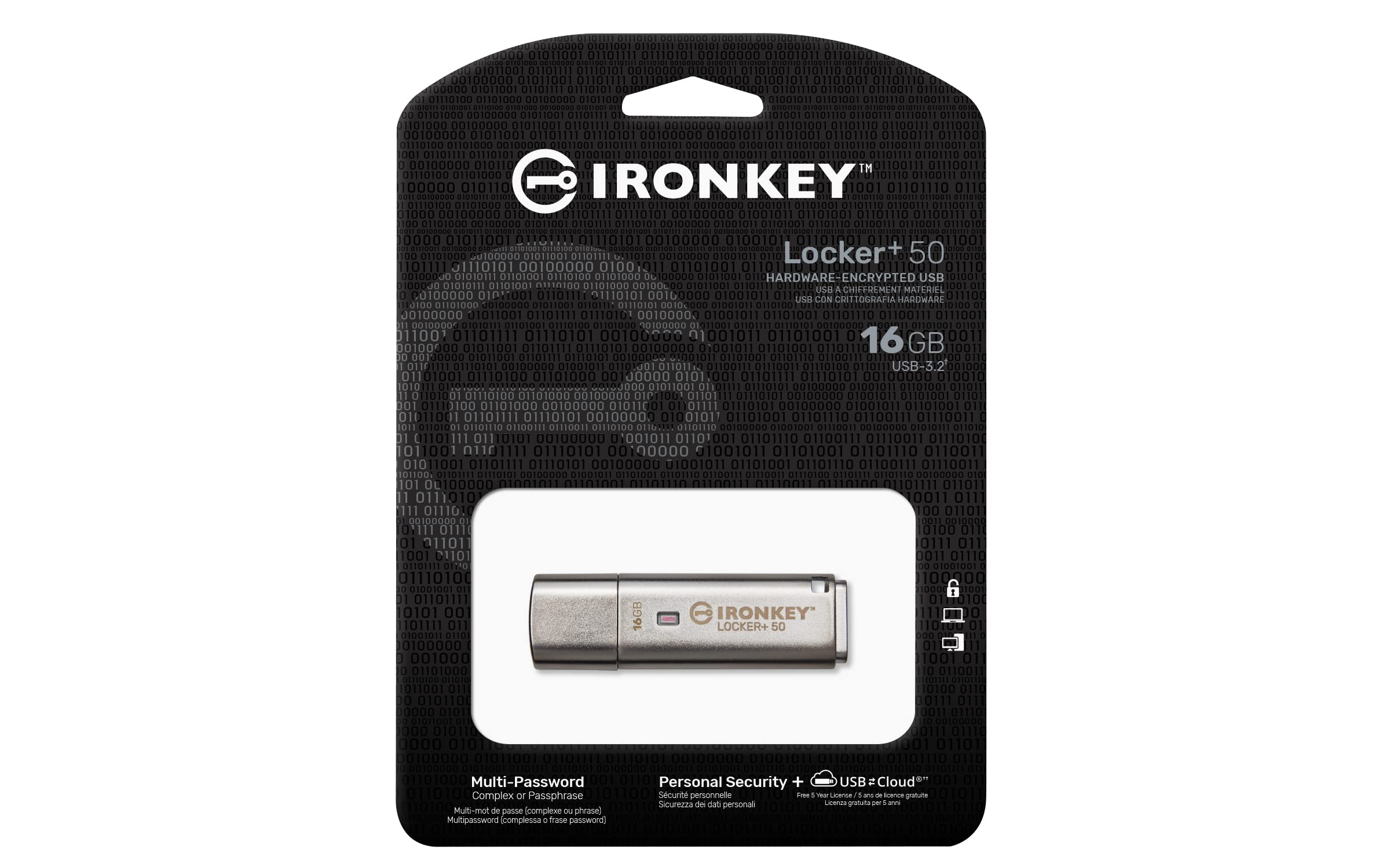 Kingston Ironkey Locker+ 50 16GB Encrypted USB Flash Drive | USB 3.2 Gen 1 | XTS-AES Protection | Multi-Password Security Options | Automatic Cloud Backup | Metal Casing | IKLP50/16GB