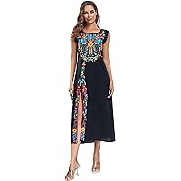 YZXDORWJ Women's Mexican Scoop Neck Floral Embroidered Split Sleeveless Lace Boho Tank Dresses