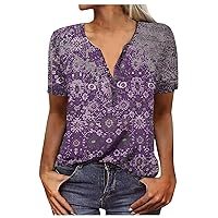 Women's Fashion 2023 Casual V-Neck Short Seeve Ethnic Printing Button Loose Top