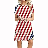 Women’s American Flag T Shirt Dress 4th of July Patriotic Tunic Beach Dress USA Stars Stripes Short Sleeve Sundress