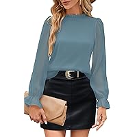 Aifer Womens Blouses Trendy Dressy Casual Tops Elegant Puff Long Sleeve Shirts Ruffle Mock Neck Plain Chiffon Outfits