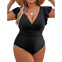 Womens Plus Size One Piece Swimsuits V Neck Modest Tummy Control Bathing Suits Lace Up Slimming Swim Suit