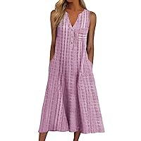 Rvidbe Dresses for Women 2023 Casual, Womens Summer Short Sleeve Crewneck Swing Dress Flowy Maxi Beach Dress with Pockets