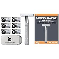 Matte Silver Safety Razor Kit, Includes 1 Safety Razor with 10 Blades and 1 Razor Blade Bank with 30 Blades