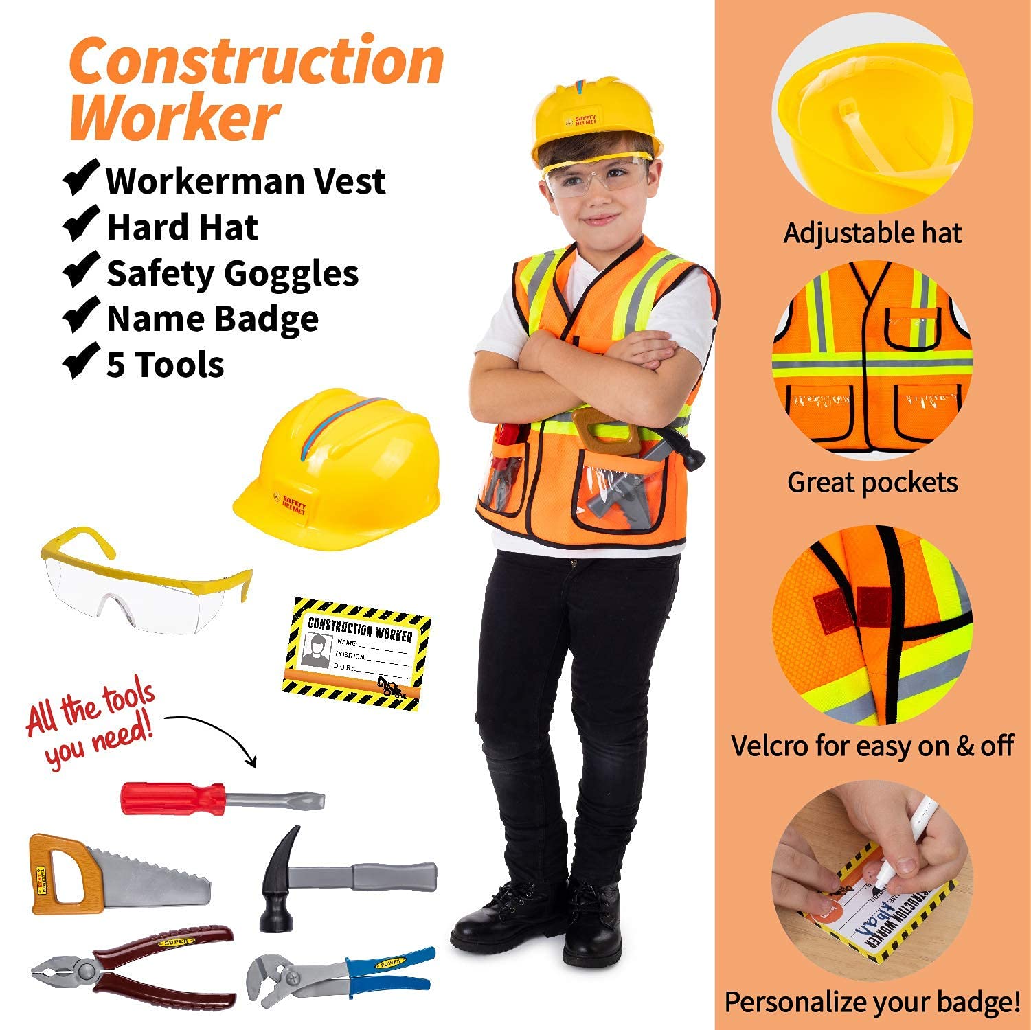 Born Toys Police Costume, Fireman Costume, and Bundle set of Construction Worker, Gardening, and Chef Set for Boys and Girls Dress Up & Pretend Play Ages 3-7