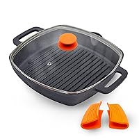 Pre-Seasoned Cast Iron Grill Pan 26cms with Glass Lid for Barbeque/Tandoori/Sandwich Gas & Induction Friendly Non Toxic