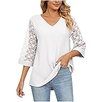 Womens Tops Fashion Solid Color V-Neck Three Quarter Sleeve Lace Flare Sleeve T-Shirts Summer Loose Casual Blouses