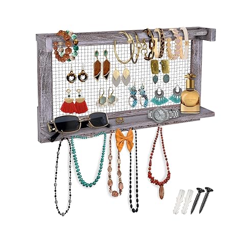 Rustic Jewelry Organizer – Wall Mounted Jewelry Holder w/Removable Bracelet Rod, Shelf & 16 Hooks – Perfect Earrings, Necklaces & Bracelets Holder – Rustic White