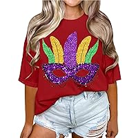 Women's Mardi Gras Shirts Love Print Loose Round Neck Short Sleeve T-Shirt Solid Color Outfit Shirts, S-3XL