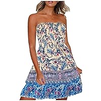 Women's Bohemian Casual Loose-Fitting Summer Dress Beach Print Flowy Sleeveless Knee Length Swing Round Neck Glamorous Beige