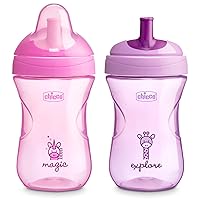 Chicco 9oz. Sport Spout Trainer with Semi-Firm, Bite-Resistant Spout and Spill-Free Lid | Top-Rack Dishwasher Safe | Easy to Hold with Ergonomic Indents | Pale Pink/Lavender, 2pk| 9+ months