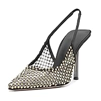 heelchic Women's Slingback Heels Mesh Pointed Toe with Crystal Fishnet Closed Toe Rhinestone Slip on Stiletto Pumps Ladies Wedding Party Dress Shoes