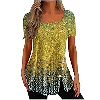 Lightning Deals Of Today Prime By Hour Ladies Square Neck Shirt Side Slit Tunic Tee Casual Trendy Blouses For Women Boho Print Summer Tops 2024 Clothes Women Easter T Shirt