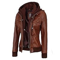 Decrum Brown Leather Jacket Women With Hood - Real Lambskin Leather Bomber Jacket Women| [1315014] Edinburgh Cognc, L