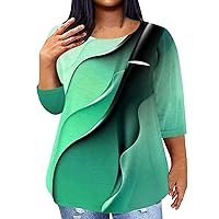 Shirts for Plus Size Women Oversized Tshirts for Women 2024 Summer 3/4 Sleeve Print Fashion Loose Fit with Round Neck Pockets Blouses Green 3X-Large