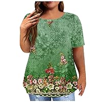 Womens Flowy Hem V Neck Shirts Floral Printed Loose Pleats T-Shirt Tops Short Sleeve Fashion Casual Blouse Tees Cotton Linen Shirts for Women Women's Business Work Clothes