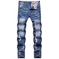 Mens Stars Printed Jeans Slim-Fit Skinny Denim Pants Stylish Trousers Zipper Button Jean Pants Stretch Long Pants