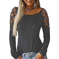 Andongnywell Womens Strappy Cold Shoulder Tops Casual Loose Basic T Shirts Round Neck Long-Sleeved Blouse