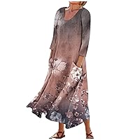 Women's Casual Loose Bohemian Floral Dresses 2024 3/4 Sleeve Round Neck Flowy Summer Beach Dress