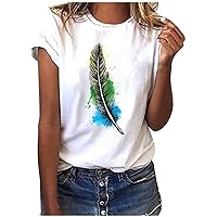 Vintage Graphic Tees for Women Feather Print T-Shirt Summer Casual Short Sleeve Crewneck Tops Oversized Tunic Blouse