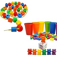 Skoolzy Preschool Activities - Lacing Beads for Kids and Rainbow Counting Bears - Montessori Toys for Toddlers Occupational Therapy Fine Motor Skills Toys Autism OT