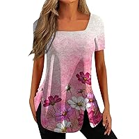 Womens Summer Tops 2023 Square Neck Short Sleeve Tees Tops Oversized Tshirts Printed Loose Comfortable Blouses