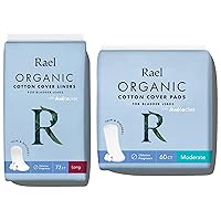 Rael Organic Cotton Cover Incontinence Bundle Pack - Long Liners (72 Count) and Moderate Pads (60 Count) Bladder Control,Postpartum, 4-Layer Core Protection with Leak Guard Technology (132 Count)