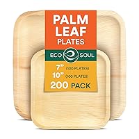 ECO SOUL Compostable 7 & 10 Inch Palm Leaf Square Plates (200 Count) Like Bamboo Plates | Biodegradable | Eco-Friendly, Microwave & Oven Safe - Party Pack