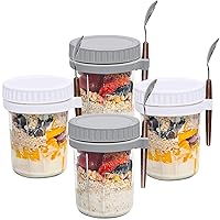 Mason Jars for Overnight Oats: 4 Pack Overnight Oats Containers with Lids and Spoons - 16 oz Glass Food Storage Containers for Milk, Cereal, Fruit - Oatmeal Jars/Canning Jars/Food Jars & Canisters