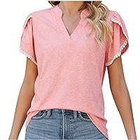 Cute Tops for Women Lace Petal Sleeve V-Neck Pullover Trendy Solid Color Summer Casual Short Sleeves Blouse T-Shirt
