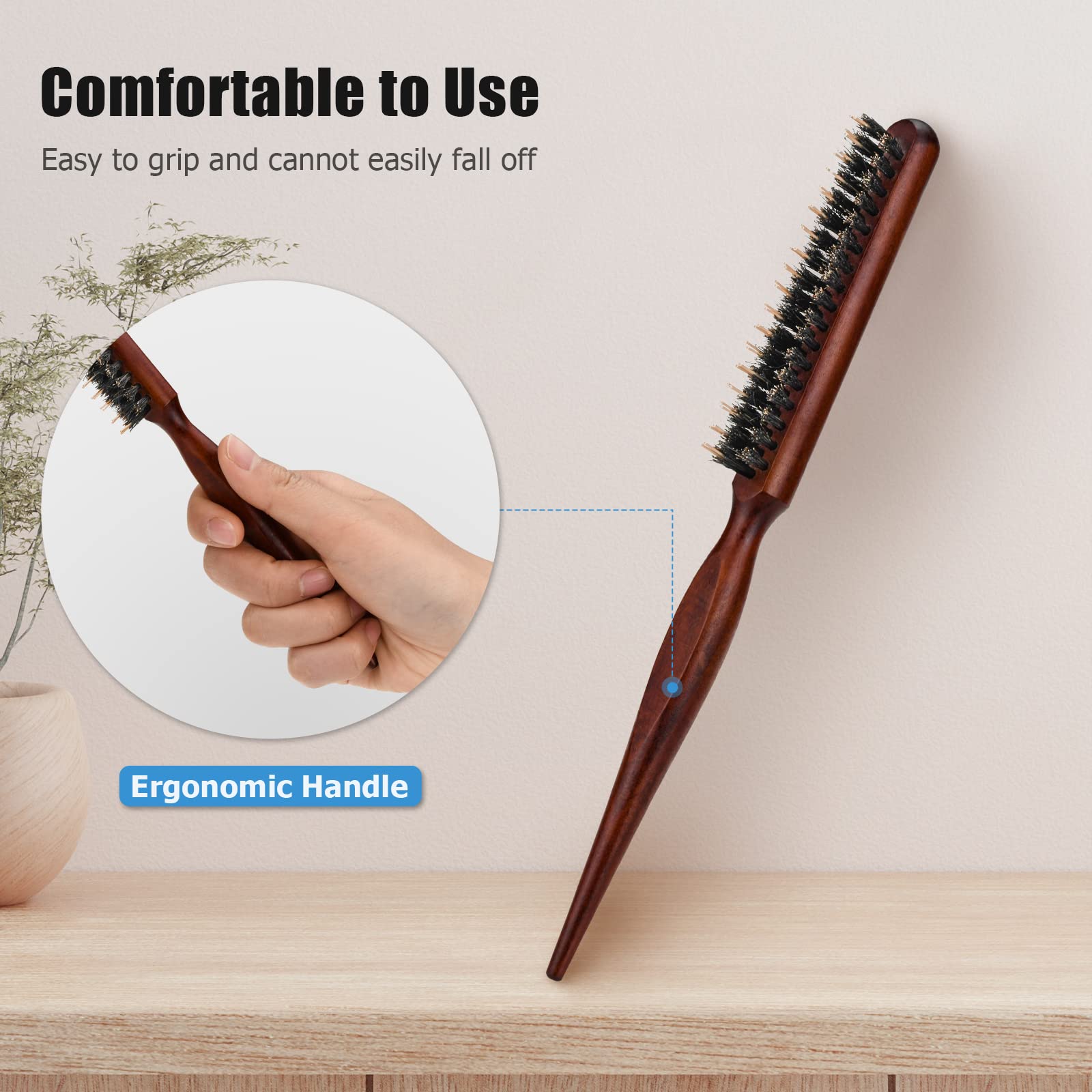 Teasing Brush, Nylon Boar Bristle Curl Training Teasing Hair Brush for Women with Rat Tail Handle Comb for Thin Thick Hair to Create Volume and Smooth