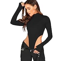 SOLY HUX Women's High Turtle Neck High Cut Long Sleeve Solid Fitted Skinny Bodysuit