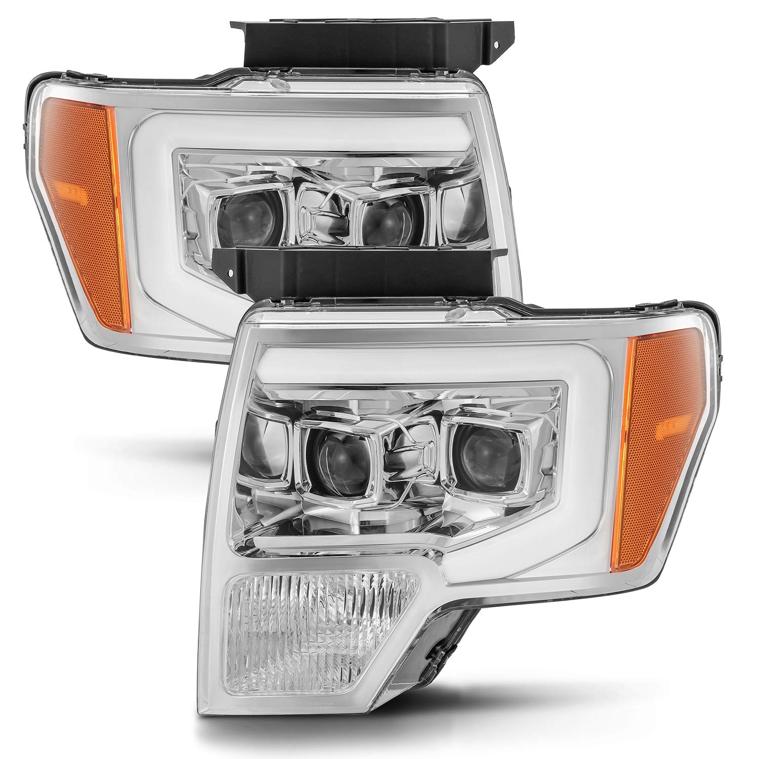 AlphaRex Base Model Chrome For 09-14 Ford F150 DRL LED Tube Dual Projector Headlights