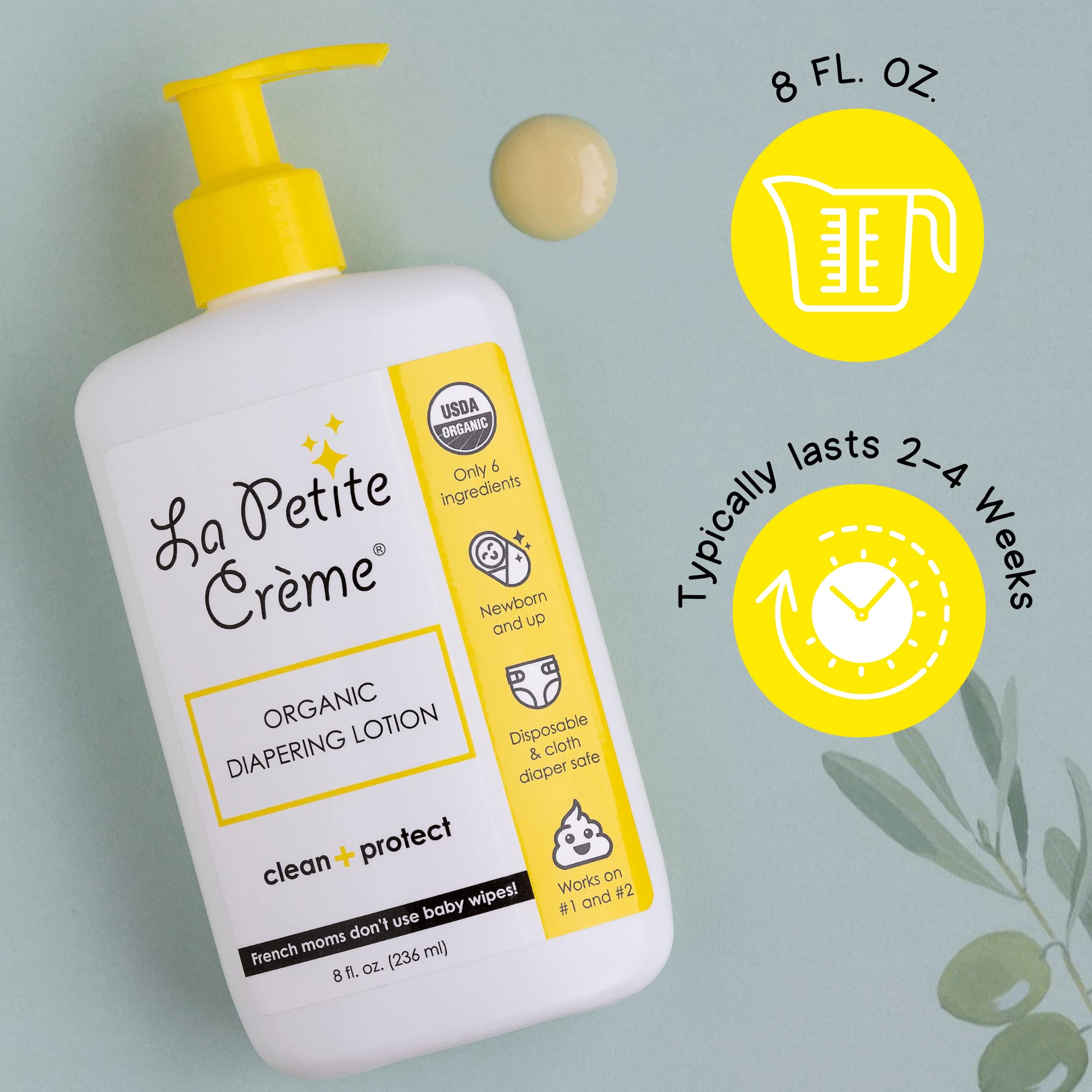 La Petite Creme French All-Natural Diapering Lotion - Diaper Cream Alternative to Baby Wipes - Gentle Moisturizer & Skin Cleanser with USDA Certified Organic Ingredients - Baby Essentials (8 oz)