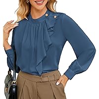 JASAMBAC Women's Long Sleeve Blouses 2023 Dressy Business Casual Shirt Work Mock Neck Ruffle Office Tops