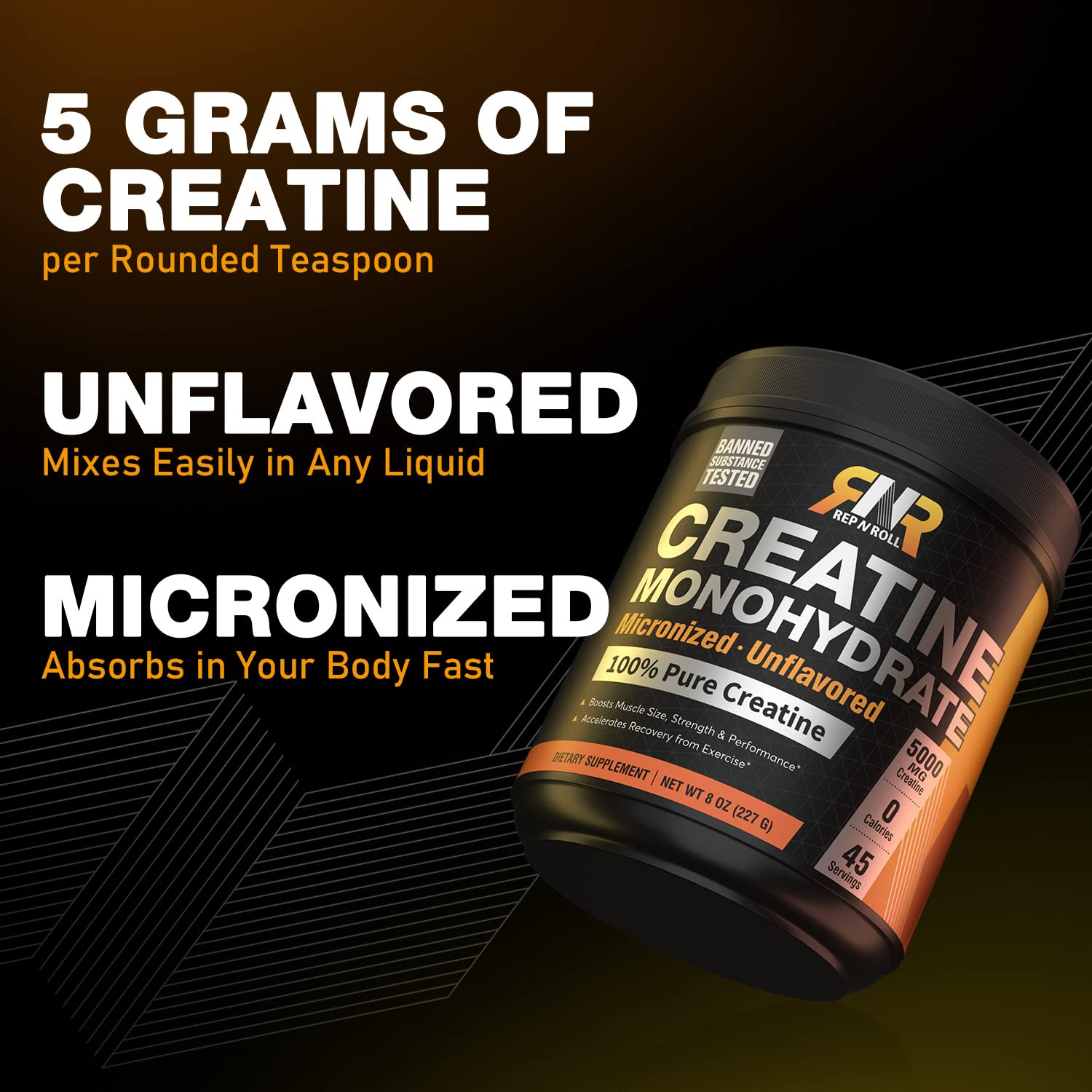 Micronized Creatine Powder (Unflavored), 45 Servings, 5000 MG Creatine Monohydrate, 0 Calories, 0 Sugar, 100% Purity Level, Banned Substance Tested, Keto Friendly, No Bloating, 8oz