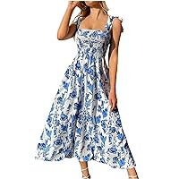 Women High Waist Bowknot Lace-Up Cami A-Line Dress Summer Boho Floral Sleeveless Square Neck Smocked Flowy Mid Dress