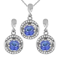 Sabrina Silver 14K White Gold Natural Tanzanite Earrings and Pendant Set with Diamond Accents Round 4 mm