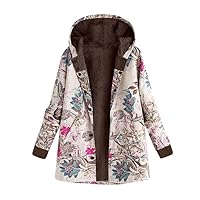 Womens Fleece Lined Jackets Parka Boho Flowers Floral Print Hooded Vintage Loose Warm Coat Plus Size XXXL