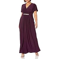 S.L. Fashions Women's Plus Size Long Dress Flutter Sleeve V Neck Waist Detail